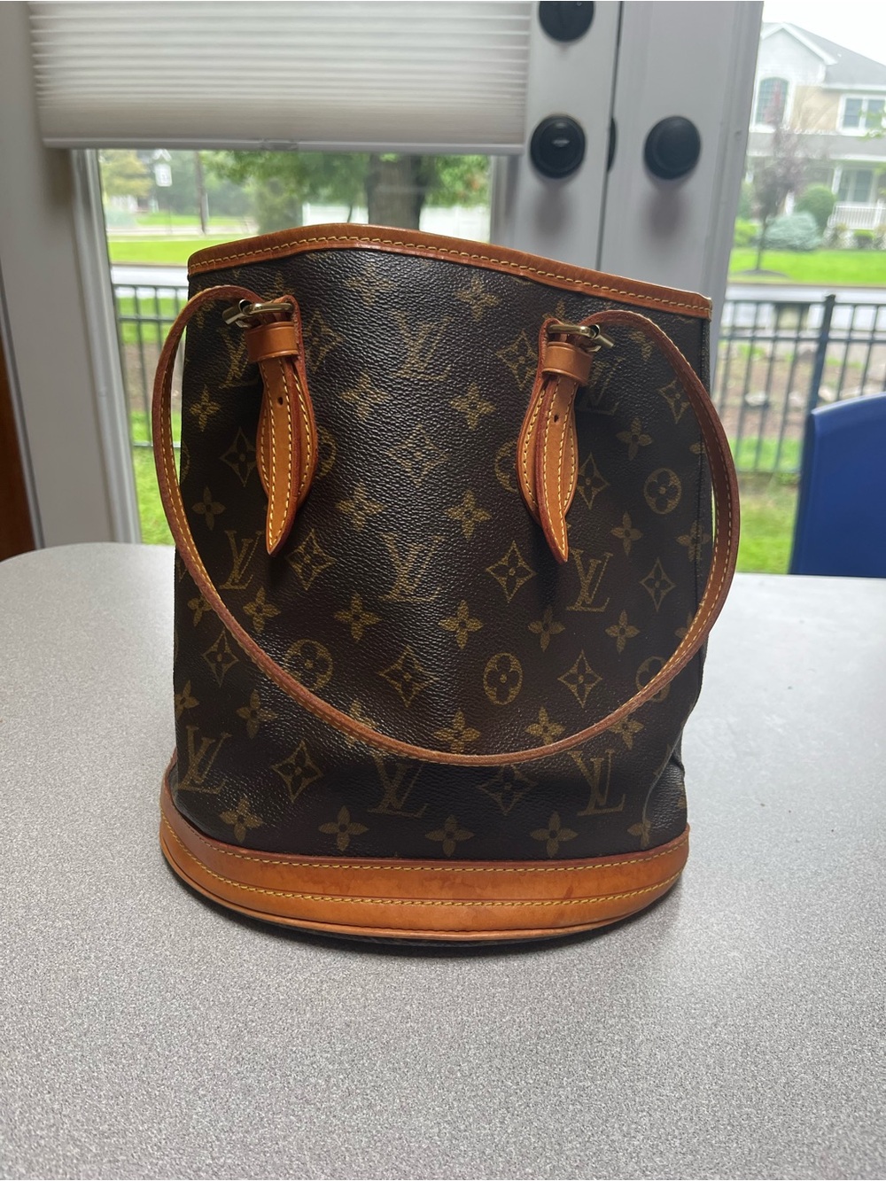 Louis Vuitton LV Monogram Petit Bucket Shoulder Bag in Brown and Tan